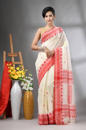 Off white cotton handwoven saree with texture designs