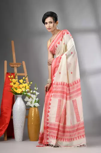 Off white cotton handwoven saree with texture designs