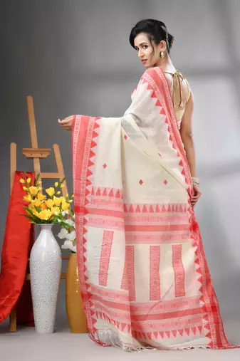 Off white cotton handwoven saree with texture designs
