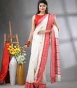 White floral buttas cotton handwoven saree with texture borders