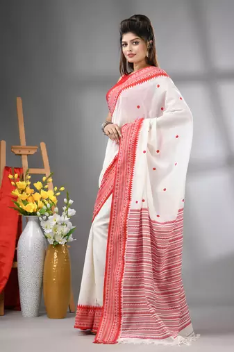 White floral buttas cotton handwoven saree with texture borders