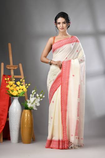 Off white cotton handwoven saree with texture designs