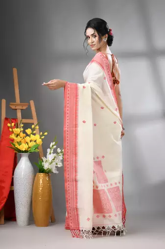 Off white cotton handwoven saree with texture designs