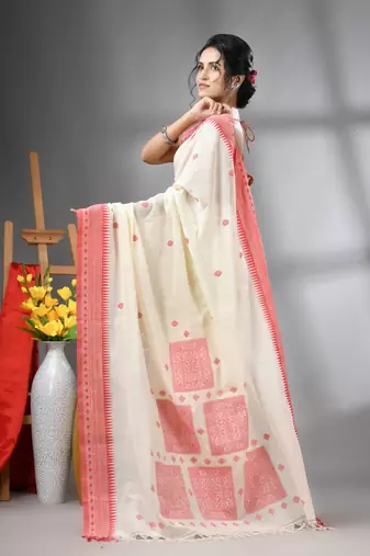 Off white cotton handwoven saree with texture designs