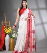 White cotton handwoven saree with peacock designs