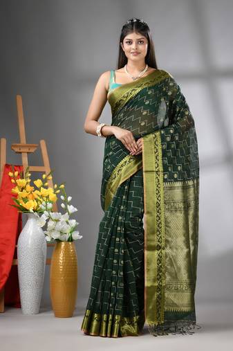 Bottle green cotton blend saree with texture designs
