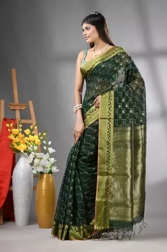 Bottle green cotton blend saree with texture designs