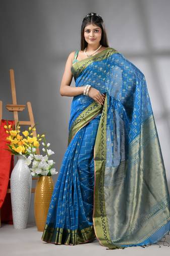 Sky blue cotton blend saree with texture designs