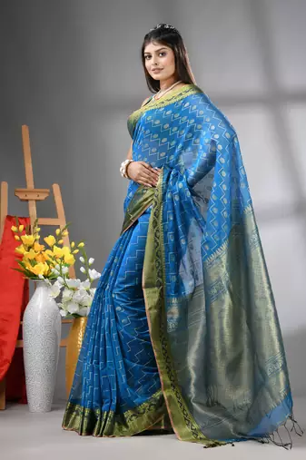 Sky blue cotton blend saree with texture designs