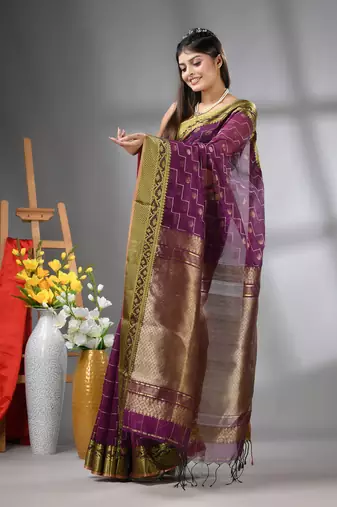 Purple cotton blend saree with texture designs