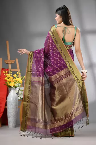 Purple cotton blend saree with texture designs
