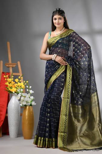 Navy blue cotton blend saree with texture designs