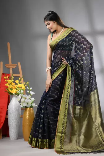 Navy blue cotton blend saree with texture designs
