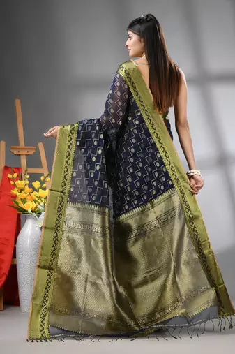 Navy blue cotton blend saree with texture designs