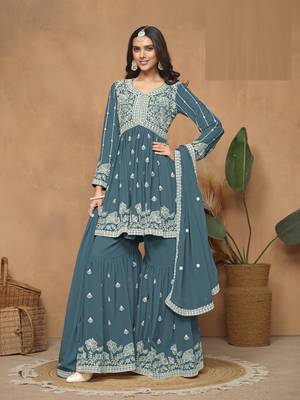 Teal embroidered Faux Georgette Sharara Suit  1
