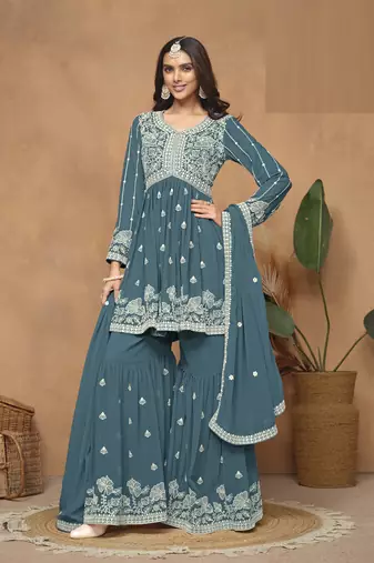 Teal Faux Georgette Sharara Suit 