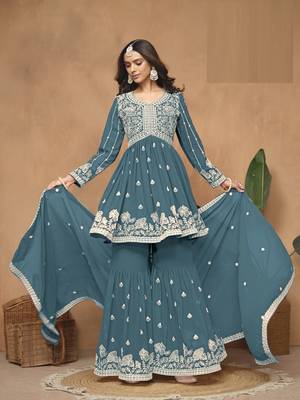 Teal embroidered Faux Georgette Sharara Suit  2