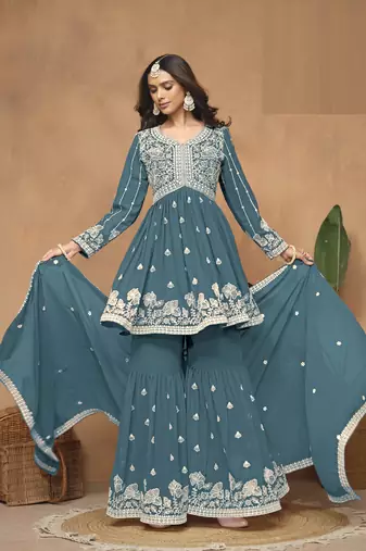 Teal embroidered Faux Georgette Sharara Suit 
