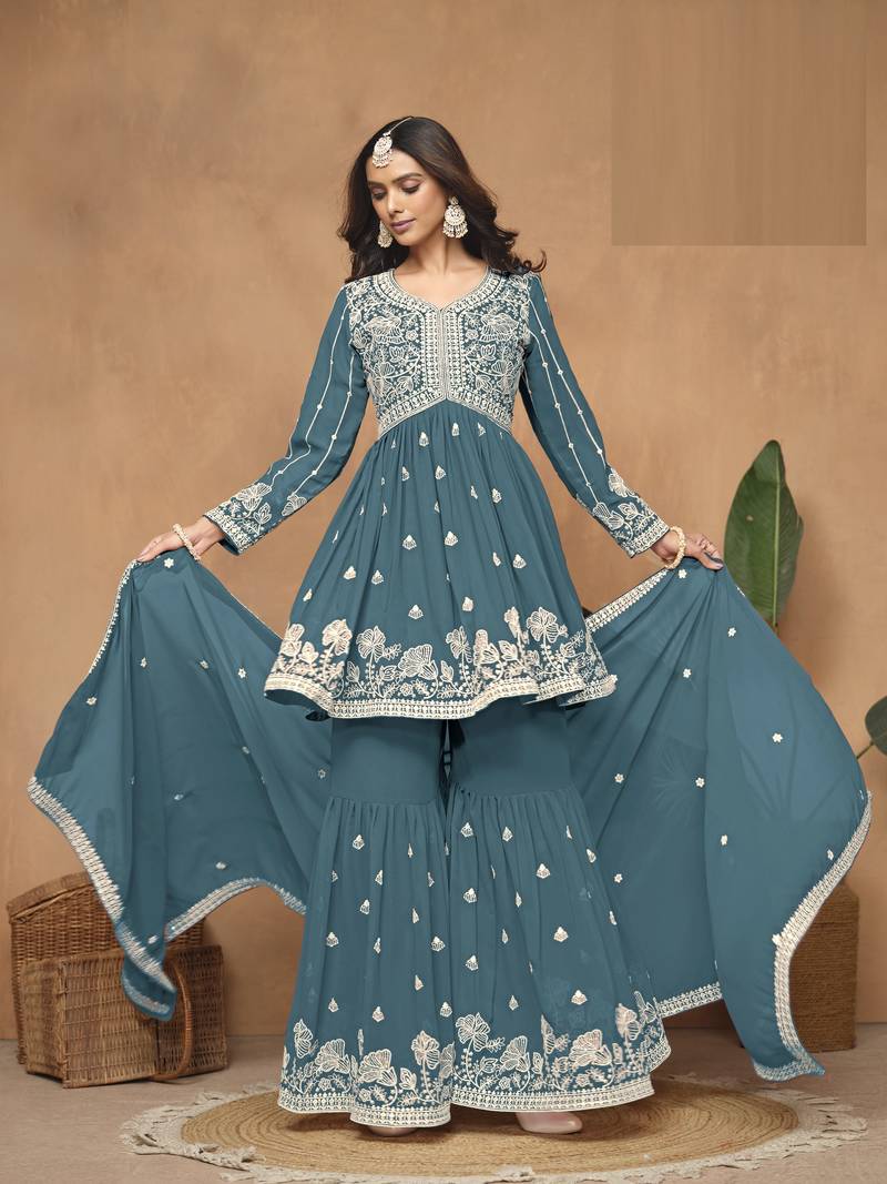 Teal Faux Georgette Sharara Suit 
