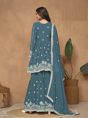 Teal embroidered Faux Georgette Sharara Suit  3