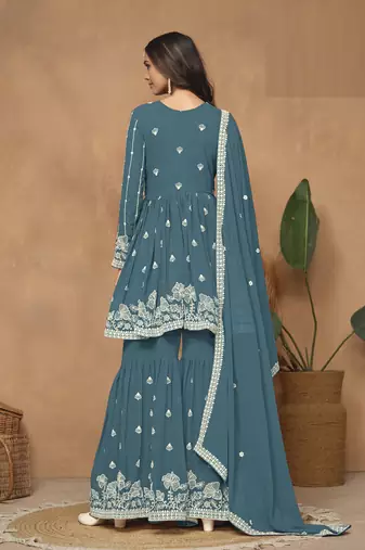 Teal embroidered Faux Georgette Sharara Suit 