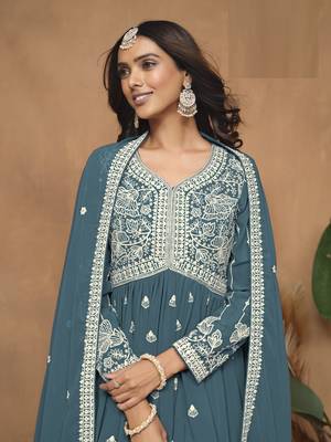 Teal embroidered Faux Georgette Sharara Suit  4
