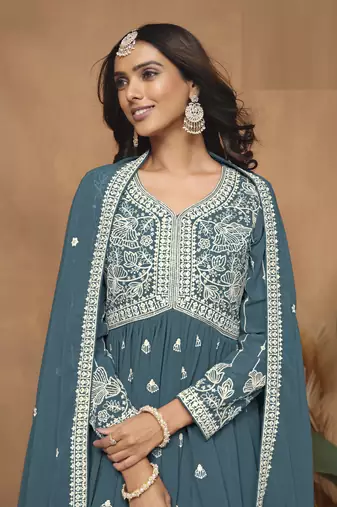 Teal embroidered Faux Georgette Sharara Suit 