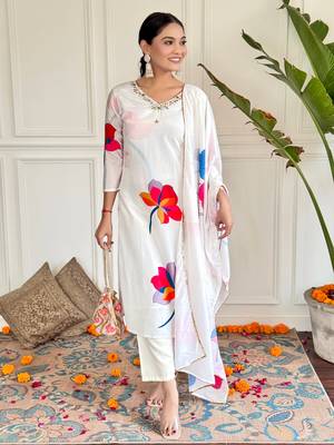 Women's White French Crepe Printed Straight Kurta with Pant And Dupatta Set  1