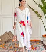 Women's White French Crepe Printed Straight Kurta with Pant And Dupatta Set 