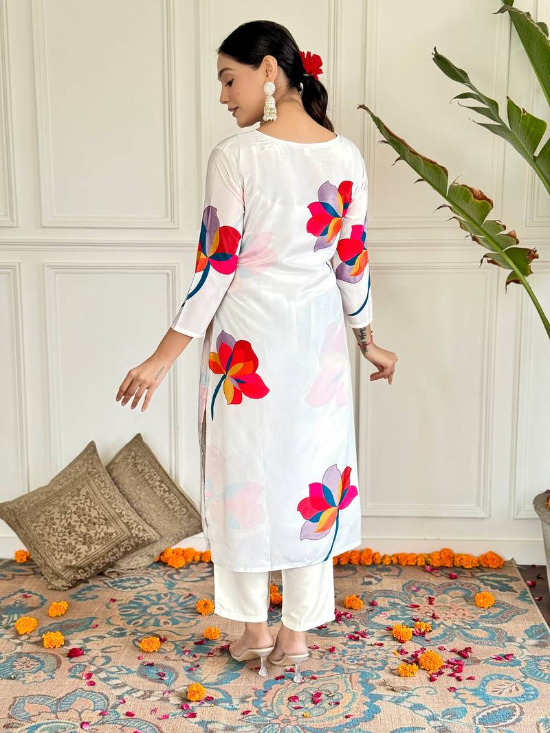Women's White French Crepe Printed Straight Kurta with Pant And Dupatta Set 