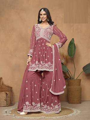 Pink embroidered Faux Georgette Sharara Suit  1
