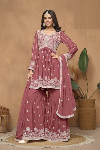 Pink embroidered Faux Georgette Sharara Suit 