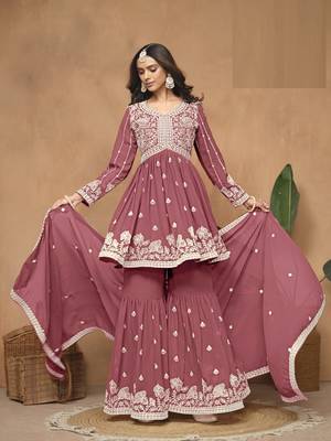 Pink embroidered Faux Georgette Sharara Suit  2
