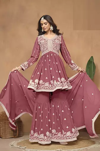 Pink embroidered Faux Georgette Sharara Suit 