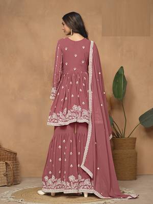 Pink embroidered Faux Georgette Sharara Suit  3