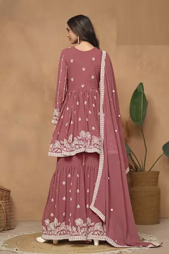 Pink embroidered Faux Georgette Sharara Suit 