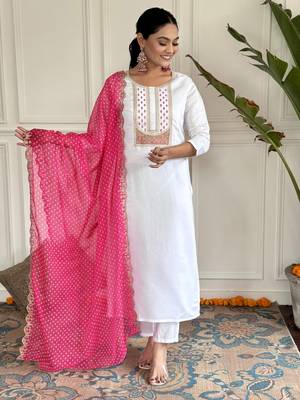 Women's White Viscose Rayon Embroidered Straight Kurta with Pant And Dupatta Set  1