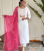 Women's White Viscose Rayon Embroidered Straight Kurta with Pant And Dupatta Set 