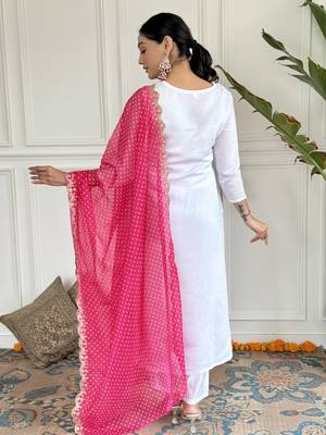 Women's White Viscose Rayon Embroidered Straight Kurta with Pant And Dupatta Set  2