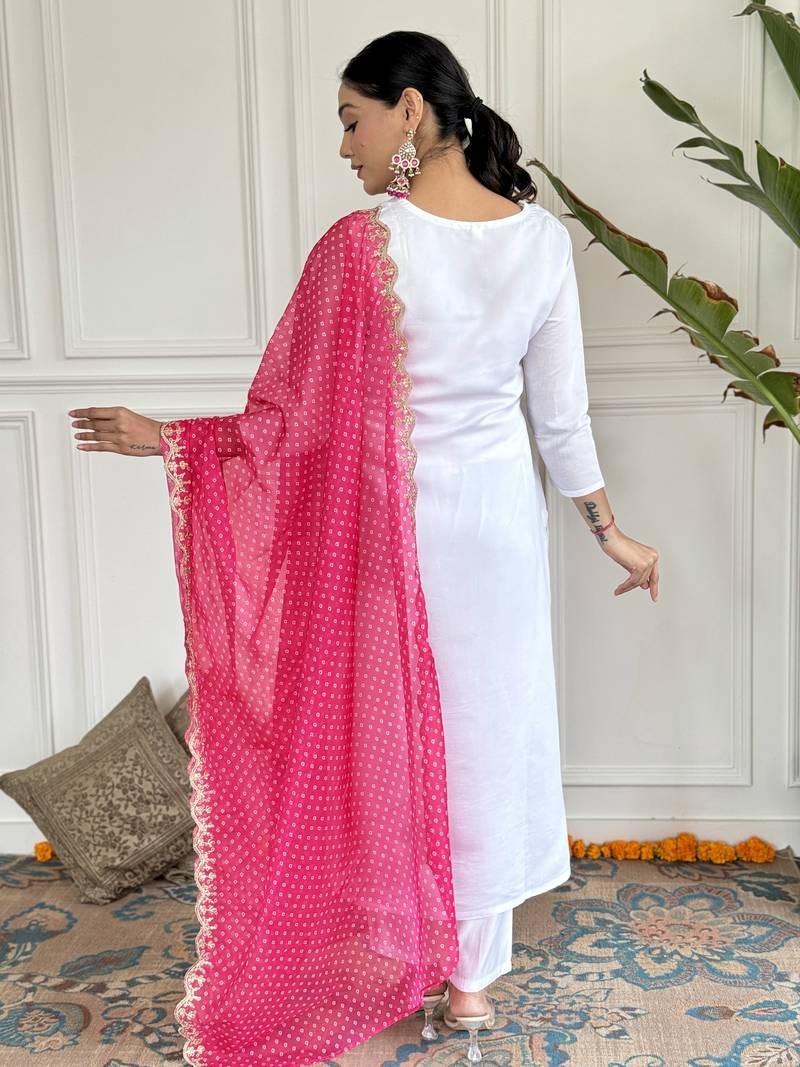 Women's White Viscose Rayon Embroidered Straight Kurta with Pant And Dupatta Set 