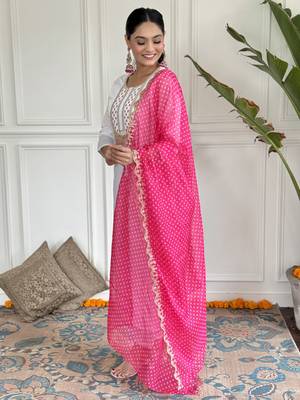 Women's White Viscose Rayon Embroidered Straight Kurta with Pant And Dupatta Set  3