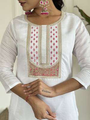 Women's White Viscose Rayon Embroidered Straight Kurta with Pant And Dupatta Set  4