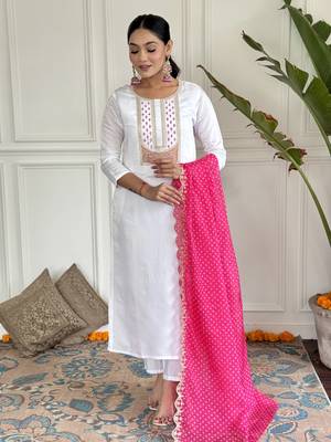 Women's White Viscose Rayon Embroidered Straight Kurta with Pant And Dupatta Set  5