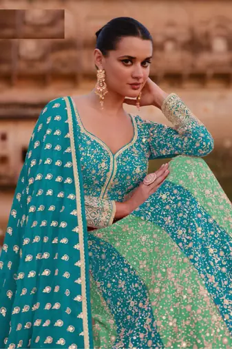 Sky blue heavy embroidered faux georgette Semi stitched anarkali suit