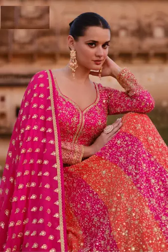 Pink heavy embroidered faux georgette stitched anarkali suit