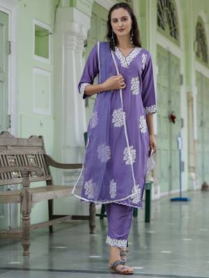 Vredevogel women's embroidered silk blend calf length straight kurta trouser with dupatta set 1