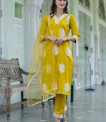 Vredevogel women's embroidered silk blend calf length straight kurta trouser with dupatta set