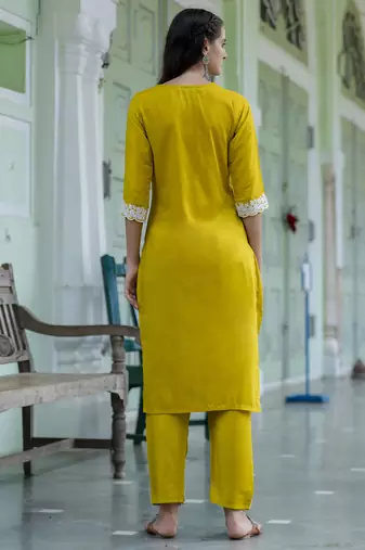 Vredevogel women's embroidered silk blend calf length straight kurta trouser with dupatta set