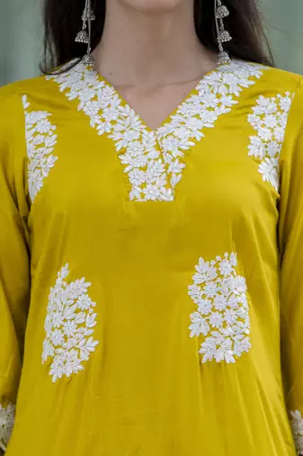 Vredevogel women's embroidered silk blend calf length straight kurta trouser with dupatta set