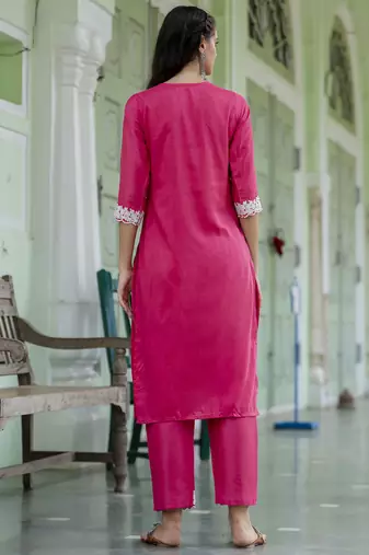 Vredevogel women's embroidered silk blend calf length straight kurta trouser with dupatta set